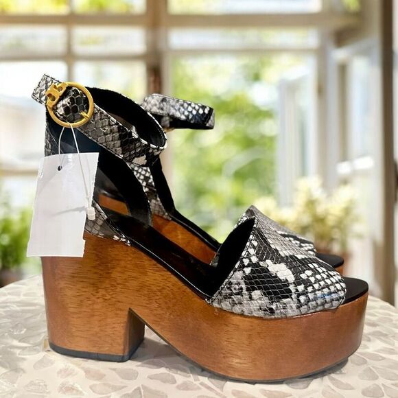TORY BURCH $425 Camilla Wedge Sandals Women’s 6.5 Snake Print Platform Wood Heel - Picture 16 of 16